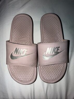 Nike Blush Pink Slides with Metallic Silver Swoosh